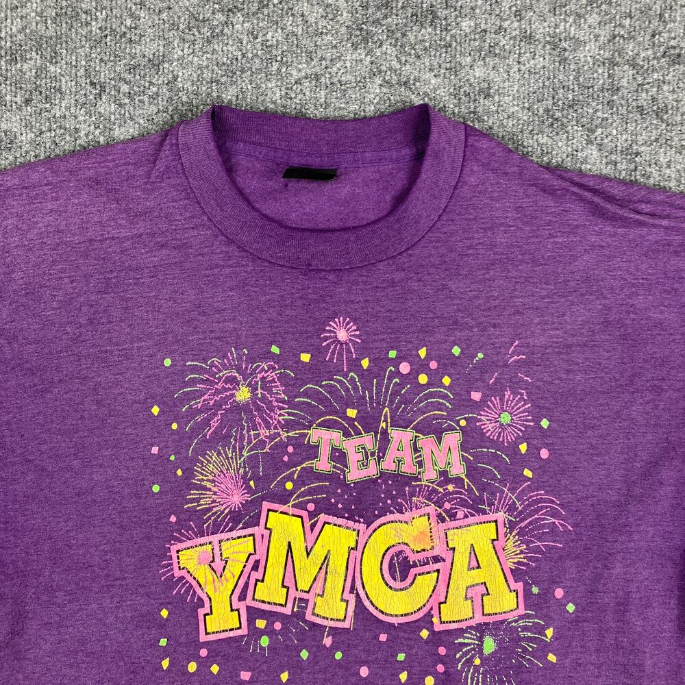 Team YMCA T-Shirt Mens L Purple Fireworks Graphic Tee Vintage Style Cotton